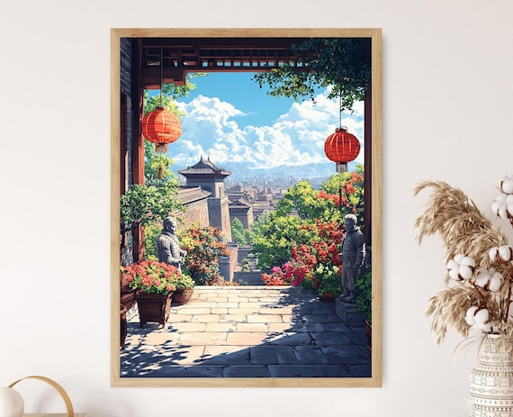 Xian Rooftop Patio Art Print Dragon Lantern Decor Poster Terracotta Warrior Illustration