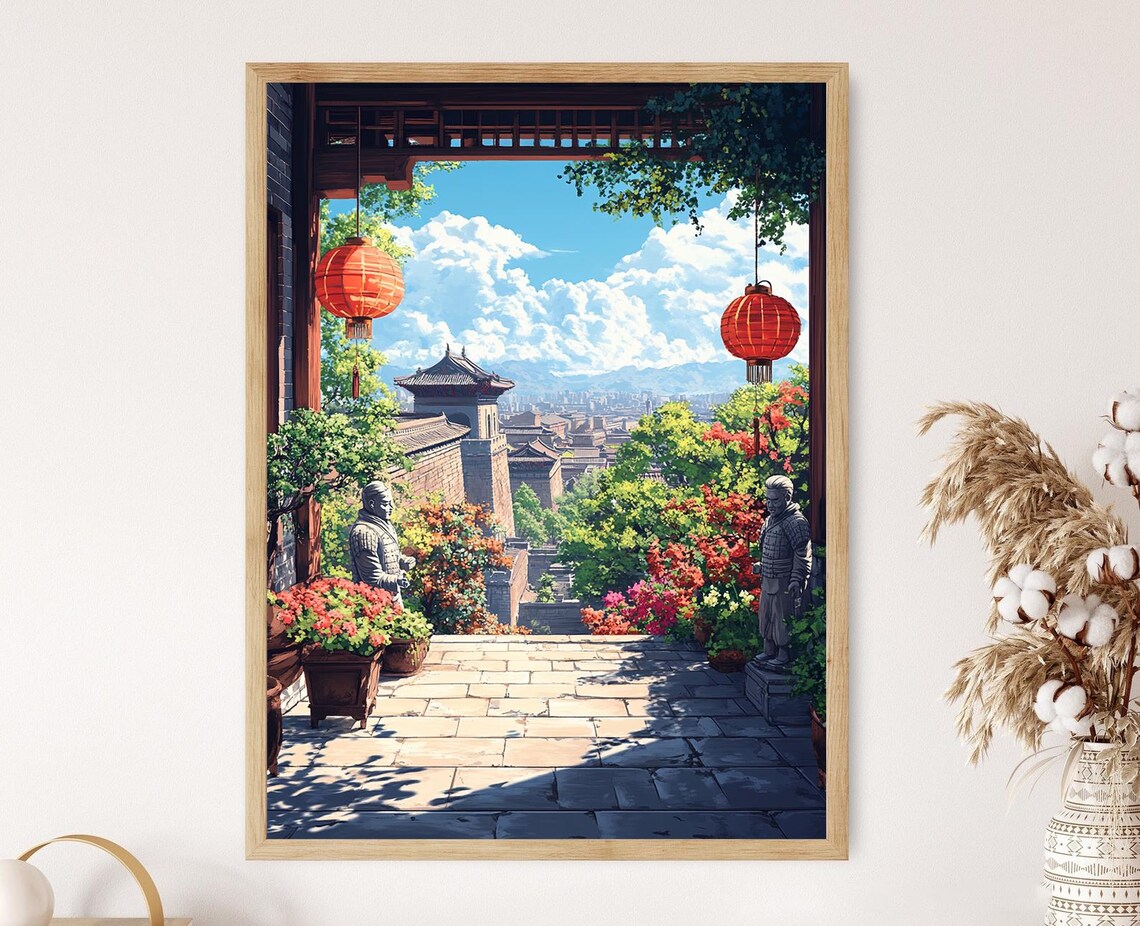 Xian Rooftop Patio Art Print Dragon Lantern Decor Poster Terracotta Warrior Illustration