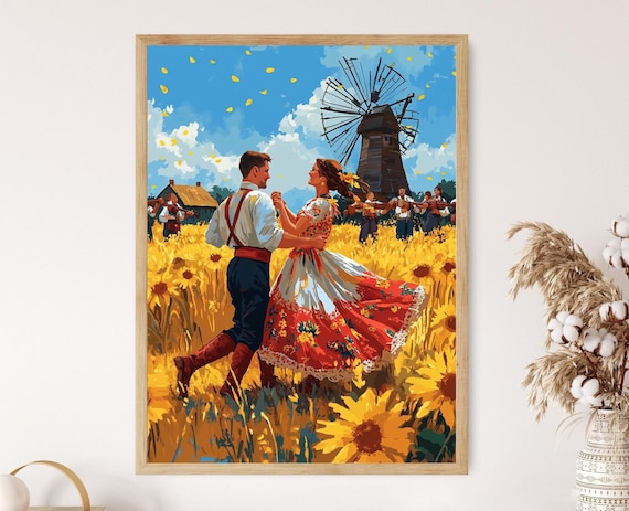 Ukrainian Kolomyika Folk Dance in Golden Sunflower Field by Windmill Poster