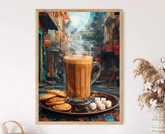 Cutting Chai Art Print Rustic Tray Illustration Indian Beverage Decor