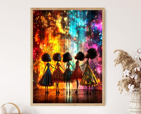 Surreal Marionette Art Print Puppets In A Cosmic Dance Vibrant Fantasy Illustration Whimsical Afro Futuristic Decor