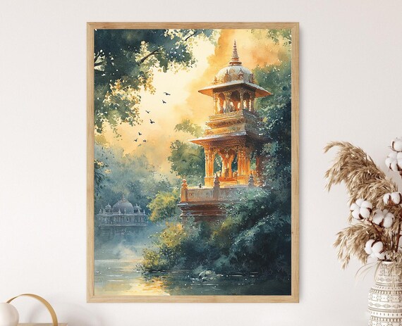 Gudi Padwa Sunrise Art Hindu Temple Painting Spiritual New Year Print Indian Festival Decor