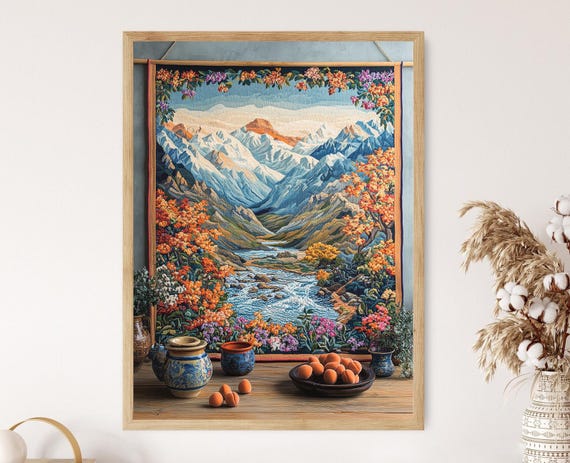 Hunza Valley Tapestry Fine Print Mountain And River Motif Decor Poster