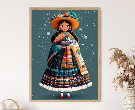 Peruvian Andean Girl in Layered Folk Dress With Floral Hat Poster
