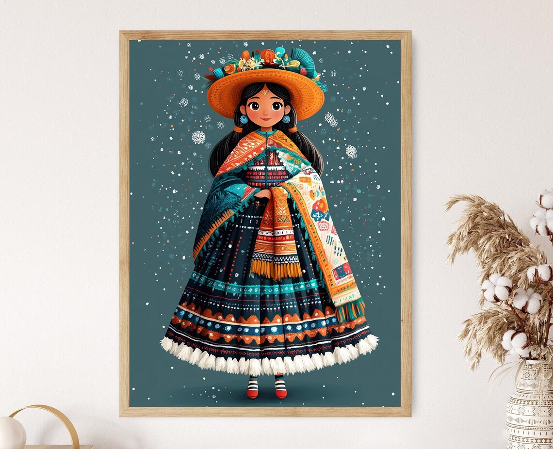 Peruvian Andean Girl in Layered Folk Dress With Floral Hat Poster