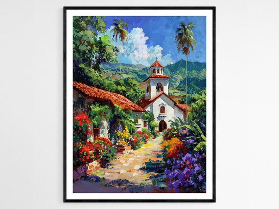 Colonial Stone Church with Flower Garden Path and Mountains Scenic Poster