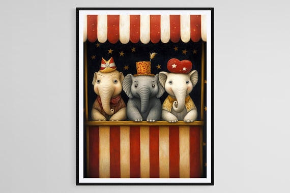 Three Baby Elephants In Circus Hats At Striped Booth Art Poster