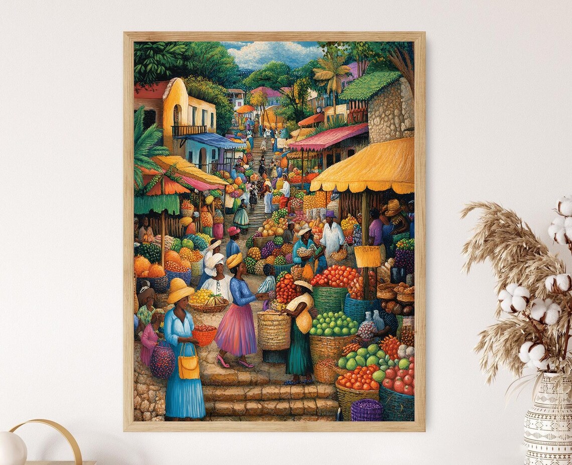 Haitian Marketplace Art Print, Colorful Vendors