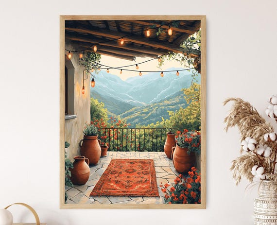 Zahle Rooftop Patio Illustration Vineyard Art Print Lebanese Mountain Decor Cozy Home Artwork