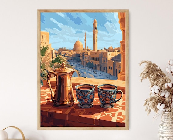 Mosul Coffee Set Painting Iraqi Heritage Art Al Nouri Mosque View
