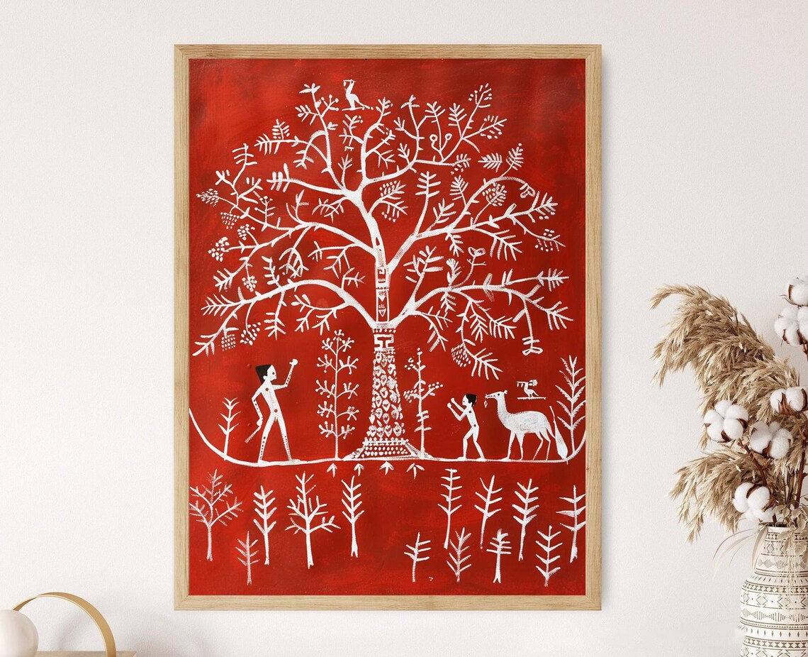 Original Warli Art Print Vibrant Handmade Tribal Design Cultural Office Decor Thoughtful Birthday Gift