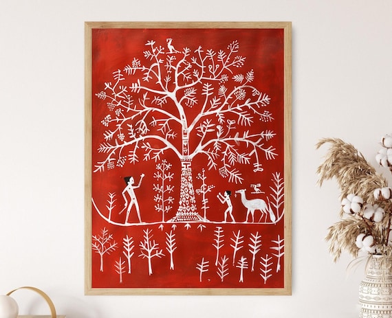 Original Warli Art Print Vibrant Handmade Tribal Design Cultural Office Decor Thoughtful Birthday Gift