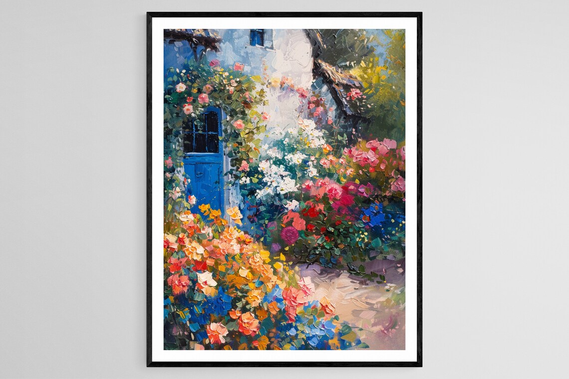 Cottage Garden Roses Blue Door Impressionist Village Scene Poster