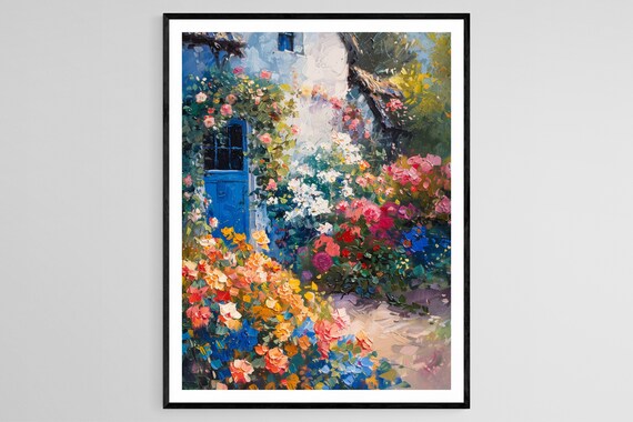 Cottage Garden Roses Blue Door Impressionist Village Scene Poster