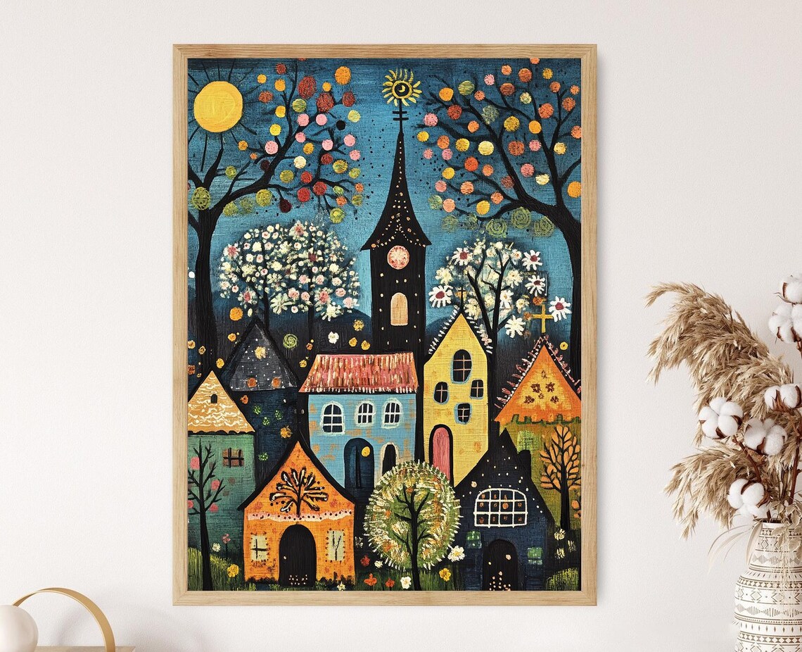 German Storybook Village Art Print, Rustic Folk Style