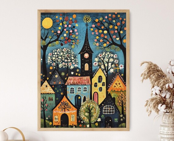 German Storybook Village Art Print, Rustic Folk Style