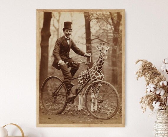 Victorian Gentleman Cycling With A Giraffe Vintage Photo Poster