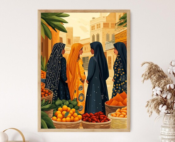 Yemeni Women At Colorful Fruit Market Traditional Culture Art Poster