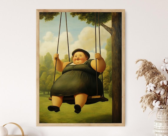 Happy Body Positive Woman Swinging In Green Dress Sunny Park Poster