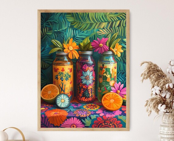 Aguas Frescas in Colorful Painted Glass Bottles Floral Art Poster