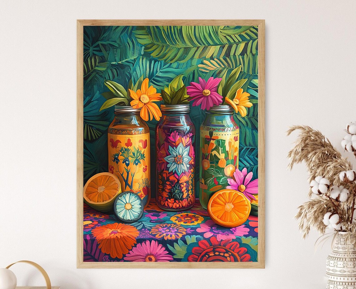 Aguas Frescas in Colorful Painted Glass Bottles Floral Art Poster
