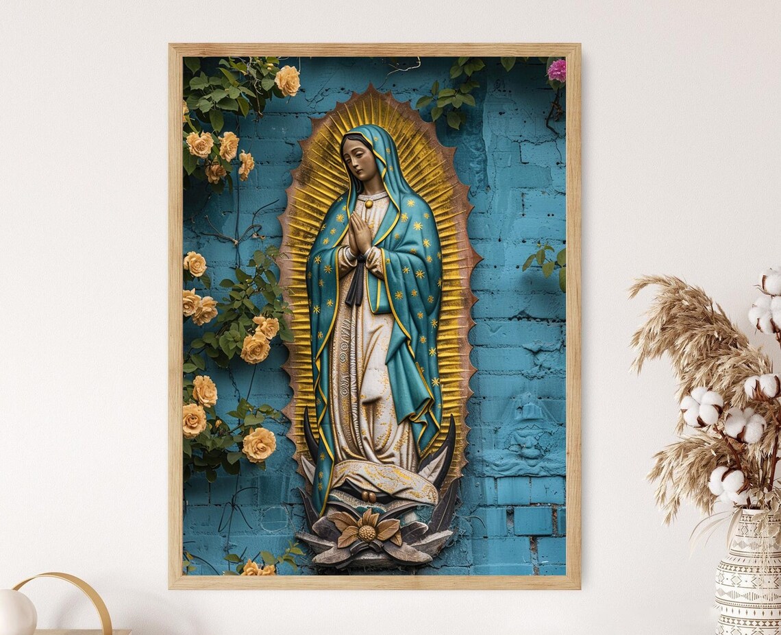 Our Lady of Guadalupe Statue on Blue Brick Wall Religious Poster