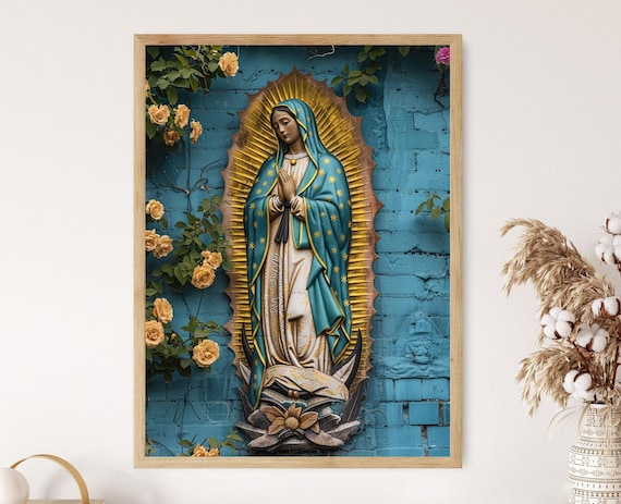 Our Lady of Guadalupe Statue on Blue Brick Wall Religious Poster