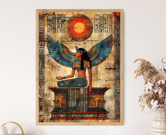 Egyptian Winged Goddess Kneeling Beneath Red Sun Disc Poster
