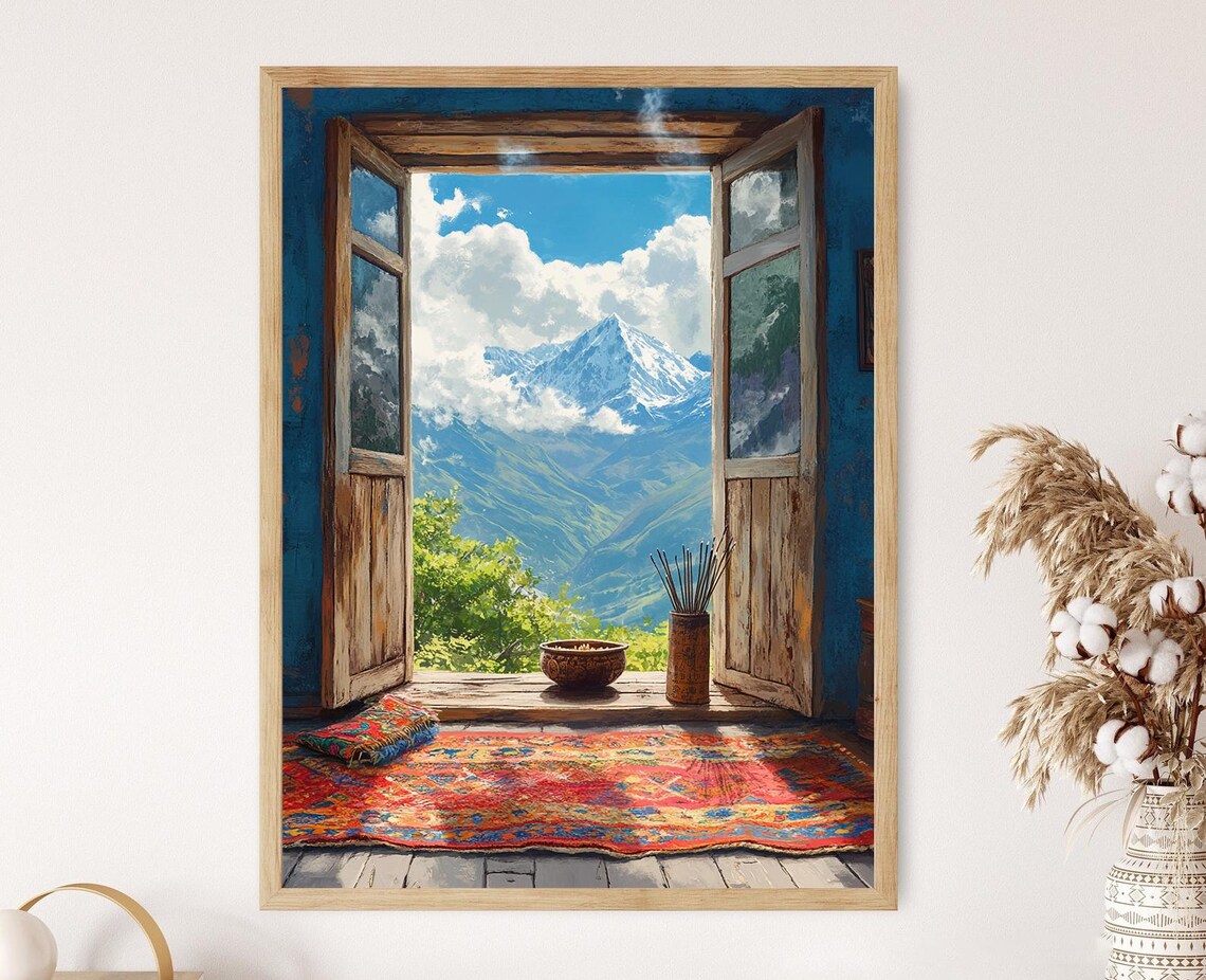 Rustic Window With Himalayan View Illustration