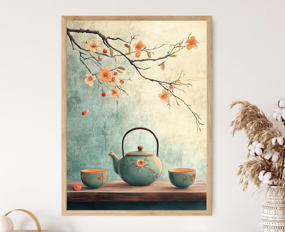 Korean Tea Set Art Print Flat Vector Illustration Traditional Celadon Decor