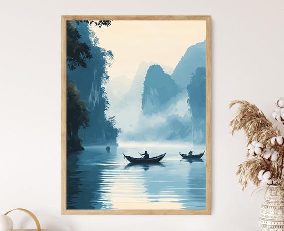 Mekong River Art Print Traditional Laos Landscape Decor Fisherman Wall Art