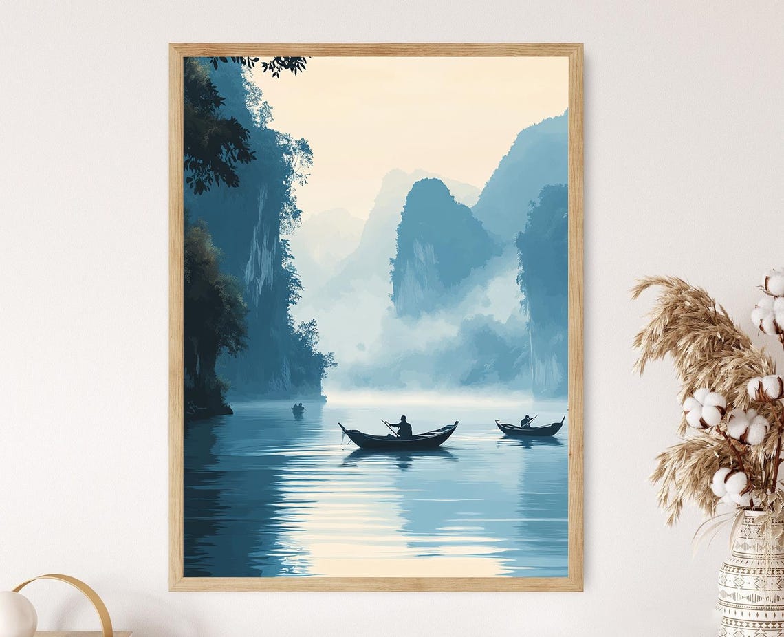 Mekong River Art Print Traditional Laos Landscape Decor Fisherman Wall Art