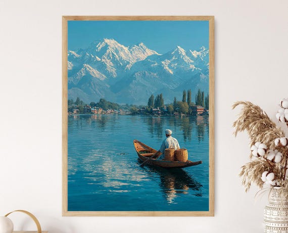 Kashmiri Fisherman Painting Shikara Boat With Wicker Traps On Dal Lake Himalayan Mountain Scene Poster Print