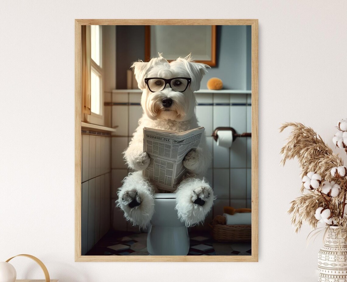 Dog Reading Newspaper Funny Bathroom Art Print