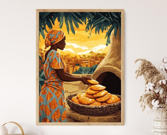 Malian Woman Baking T Bread Art Print Traditional African Kitchen Cultural Decor