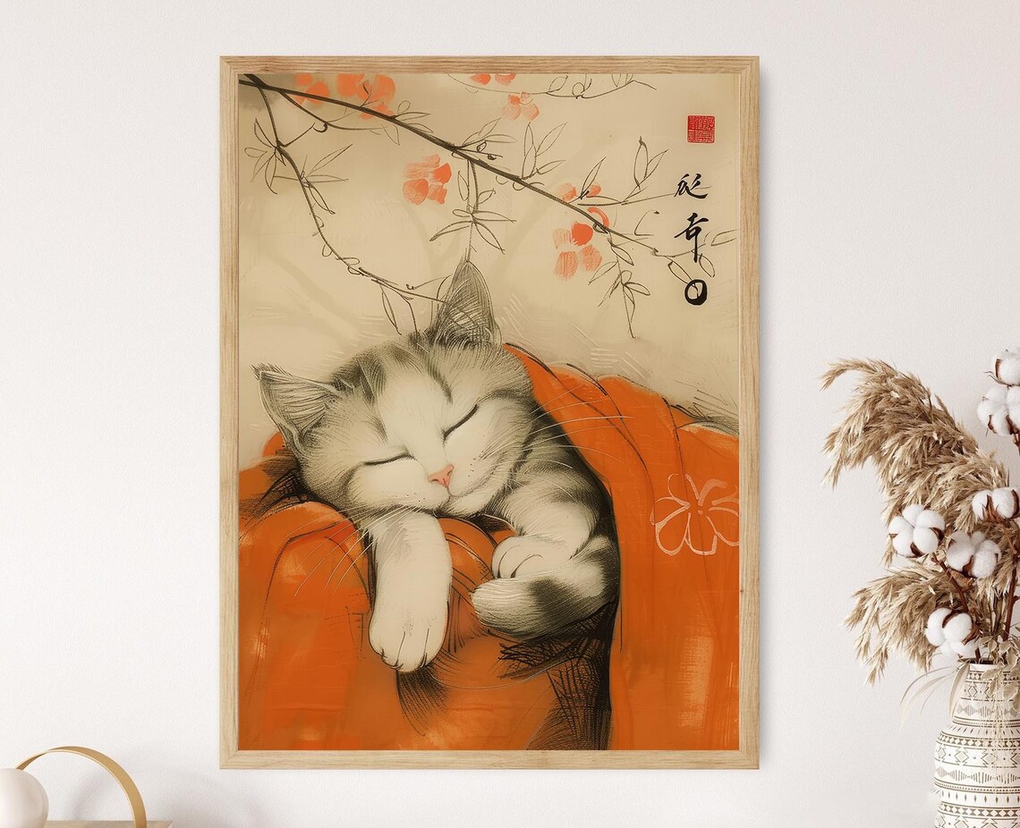 Sleeping White Cat Tucked Under Orange Blanket Blossom Art Poster