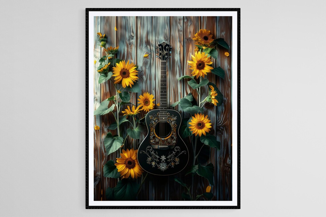 Sunflower and Guitar Rustic Music and Nature Decor