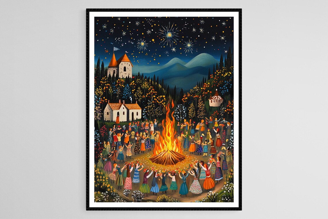 Folk Art Bonfire Festival Dance Starry Village Night Scene Poster