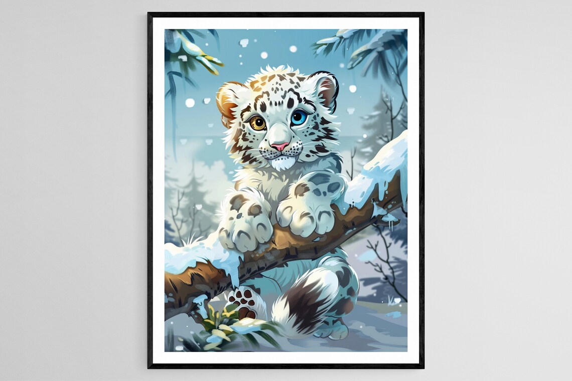Baby Snow Leopard Cub Perched in Snow-Covered Tree Branches Poster