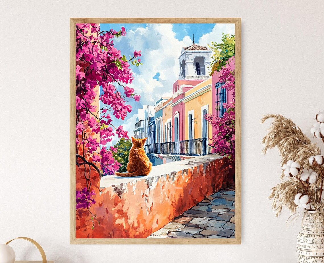 Old San Juan With Cat Art Print, Puerto Rican Decor