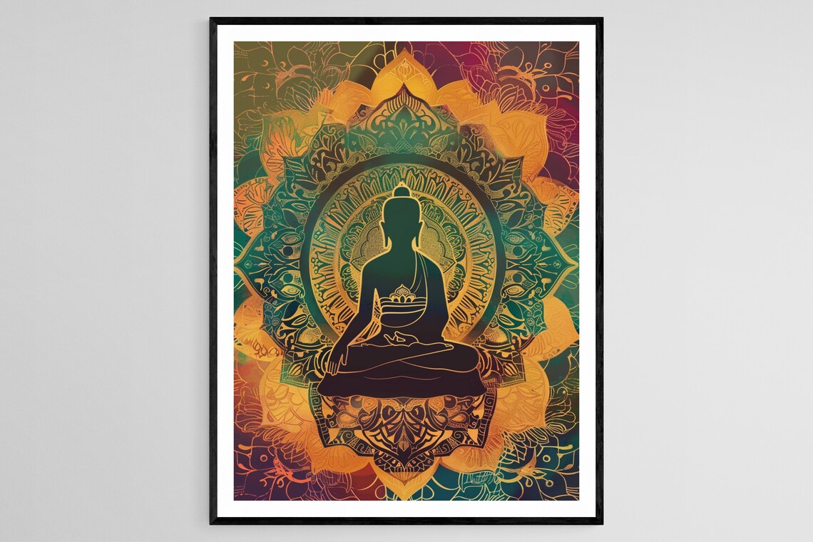 Meditating Buddha Silhouette Mandala Golden Teal Spiritual Art Poster