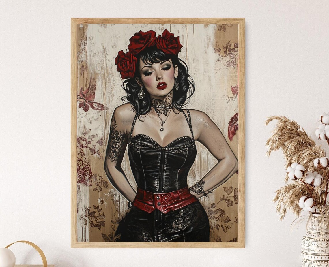 Rockabilly Pin Up Woman Red Roses Corset Vintage Portrait Poster