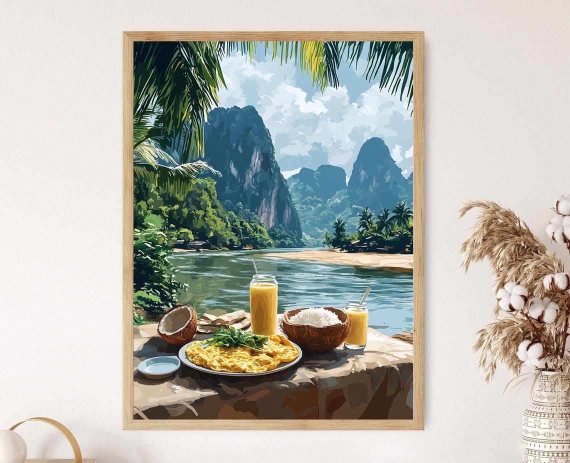 Vang Vieng Breakfast Table Art Print Traditional Laos Food Decor Karst Mountain View