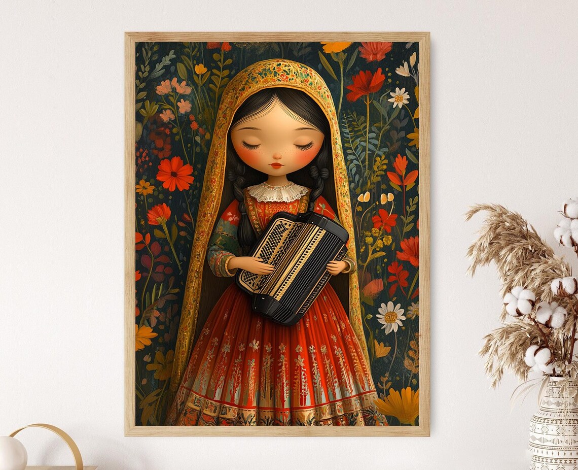 Macedonian Girl Doll with Accordion, Embroidered Dress Poster