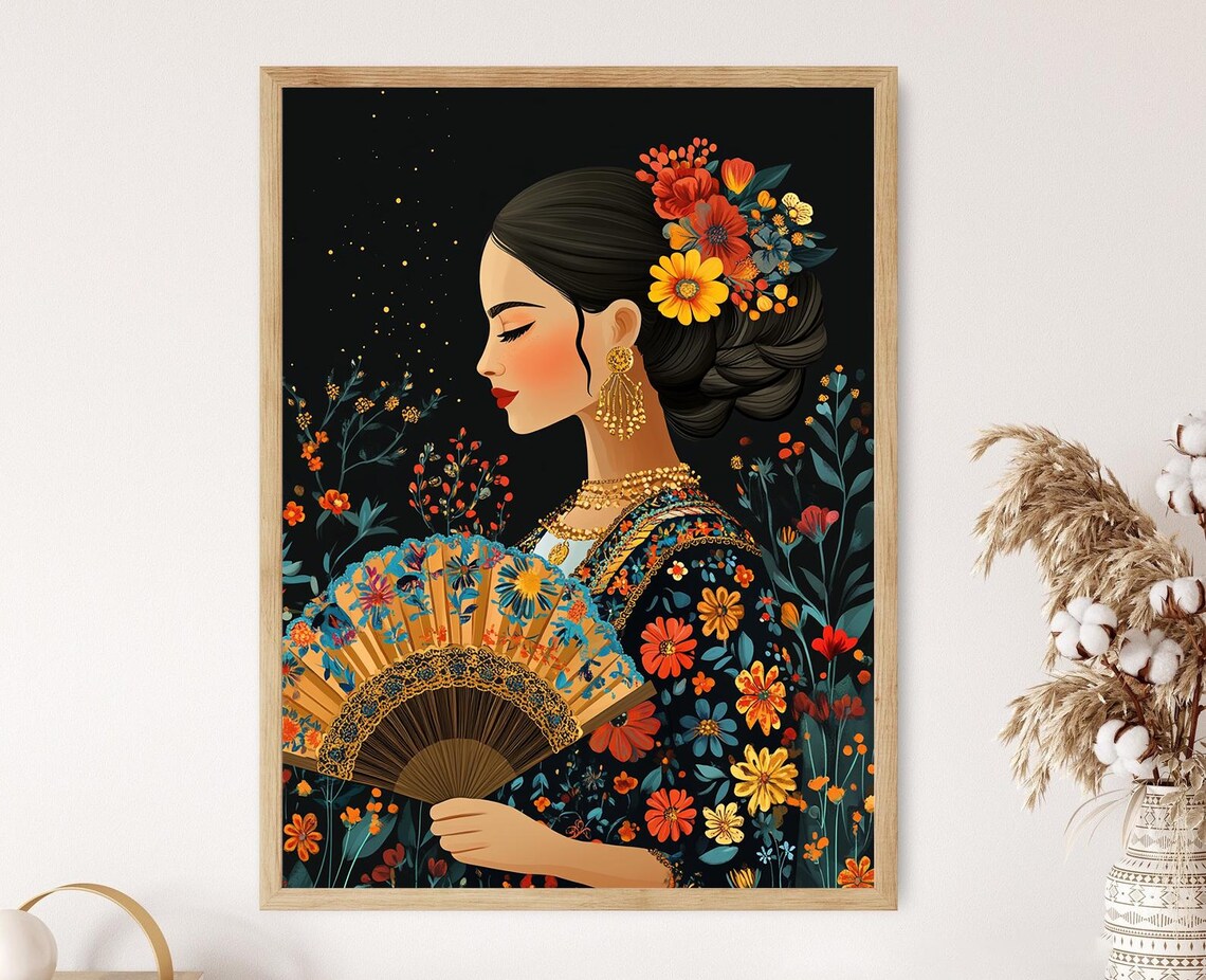 Elegant Mexican Woman With Floral Hand Fan Folk Portrait Poster