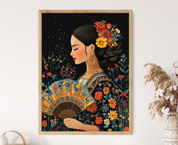 Elegant Mexican Woman With Floral Hand Fan Folk Portrait Poster