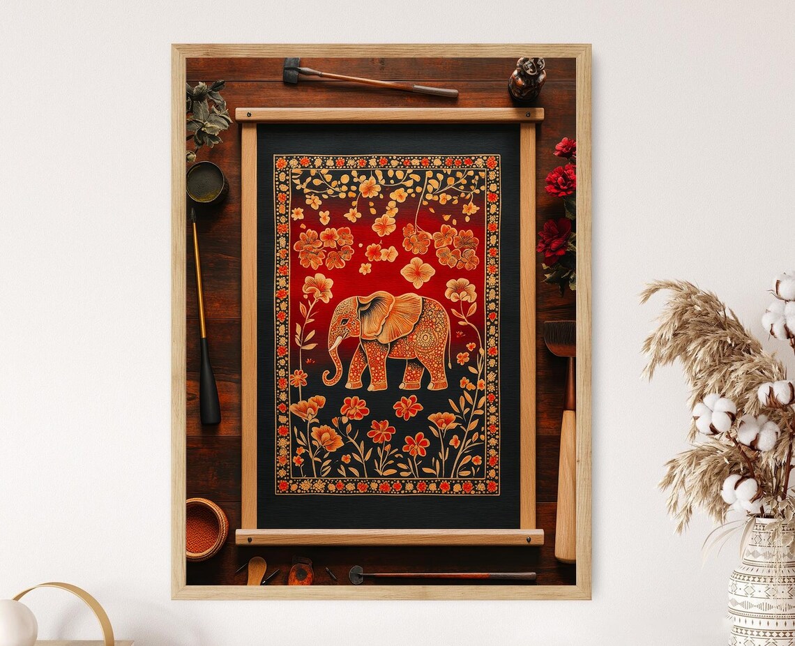 Sri Lankan Batik Elephant Floral Heritage Textile Craft Poster