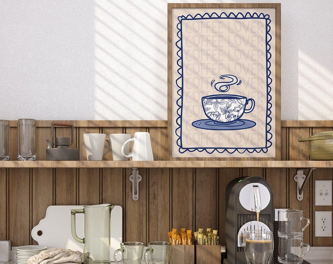 Coffee Lover Floral Teacup Navy Line Art Kitchen Wall Poster