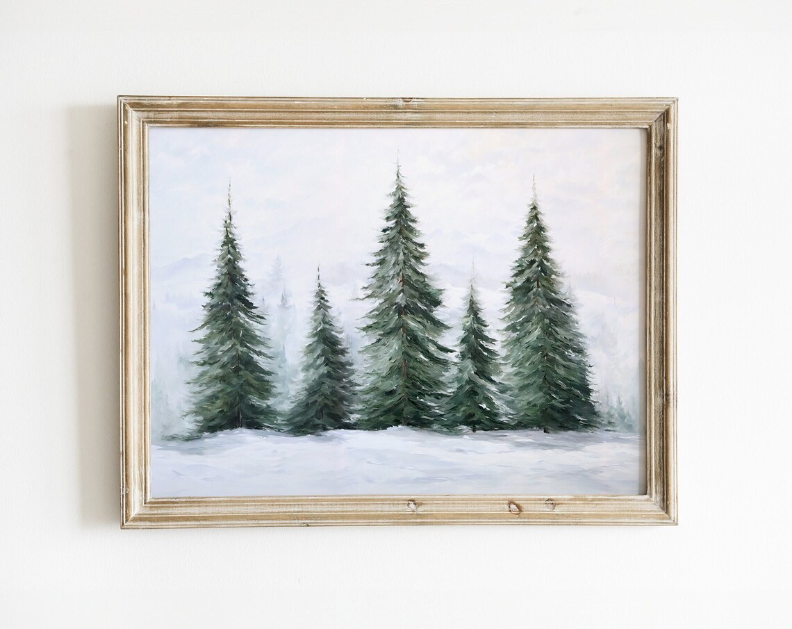 Evergreen Trees Vintage Christmas Winter Art Print