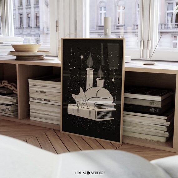 Black and White Cat Sleeping on Books Print Dark Academia Night Art